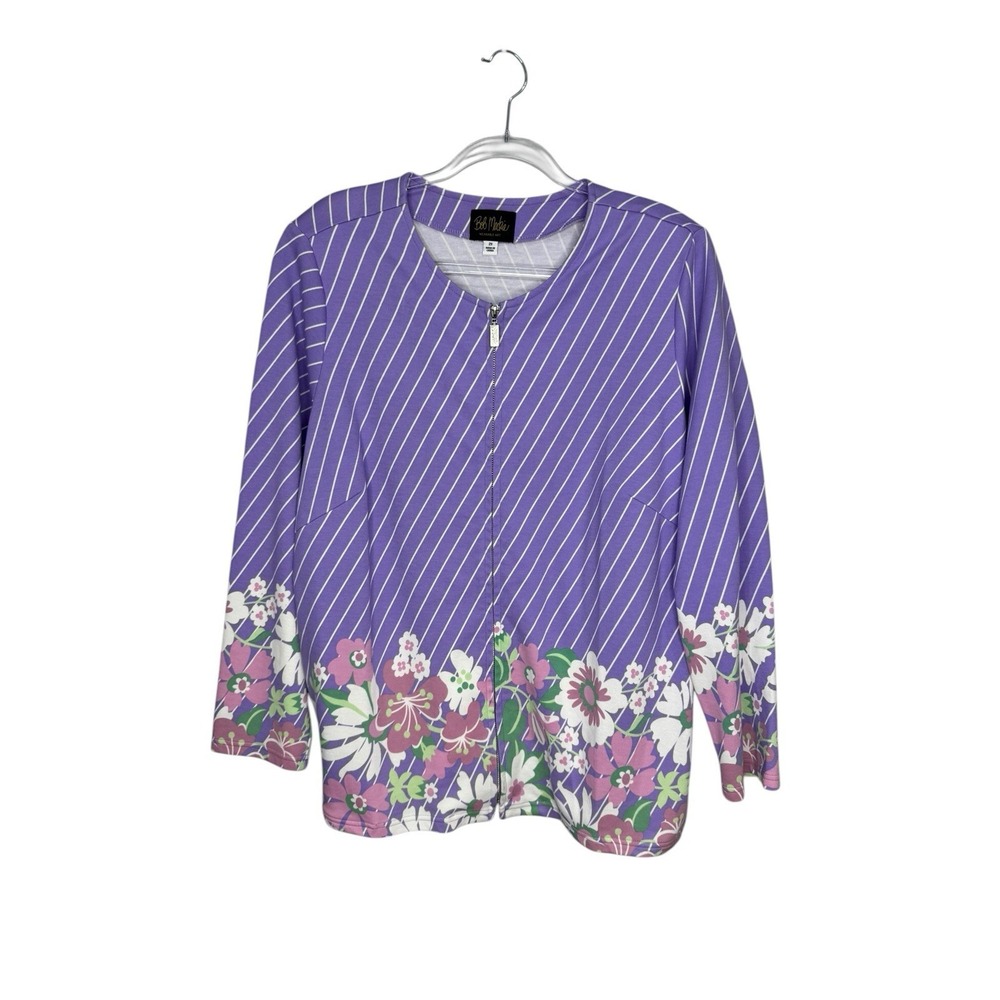 Bob Mackie Wearable Art Size 2X Full Zip Cardigan Lavender Floral Stretch Knit